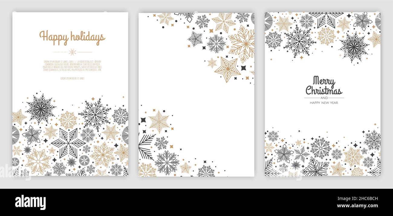 Buon Natale e Felice anno nuovo set di biglietti d'auguri, poster, copertine per le feste. Xmas Design con splendidi fiocchi di neve in stile moderno. Illustrazione Vettoriale