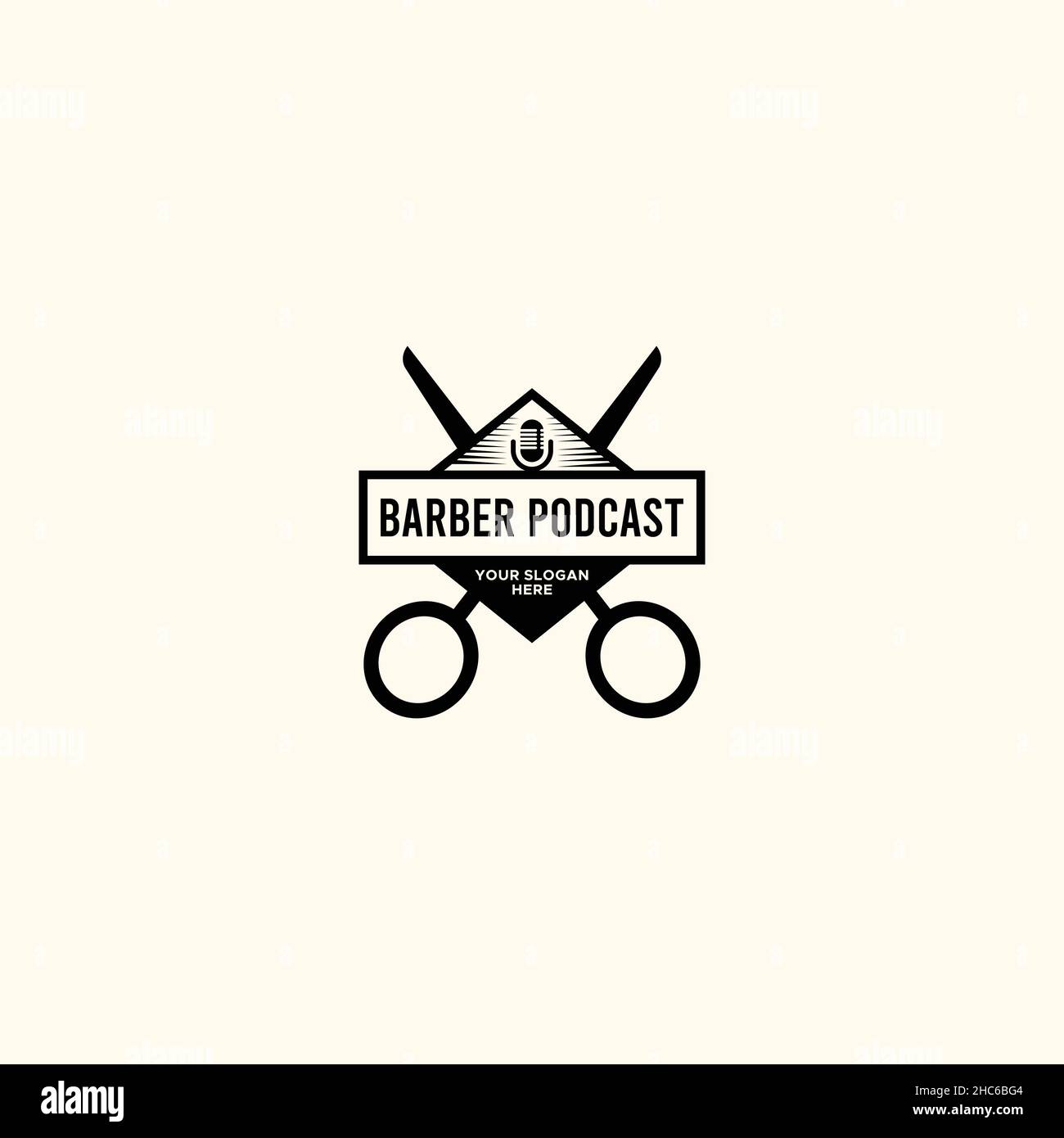 Vintage BARBER PODCAST forbici taglio logo design Illustrazione Vettoriale