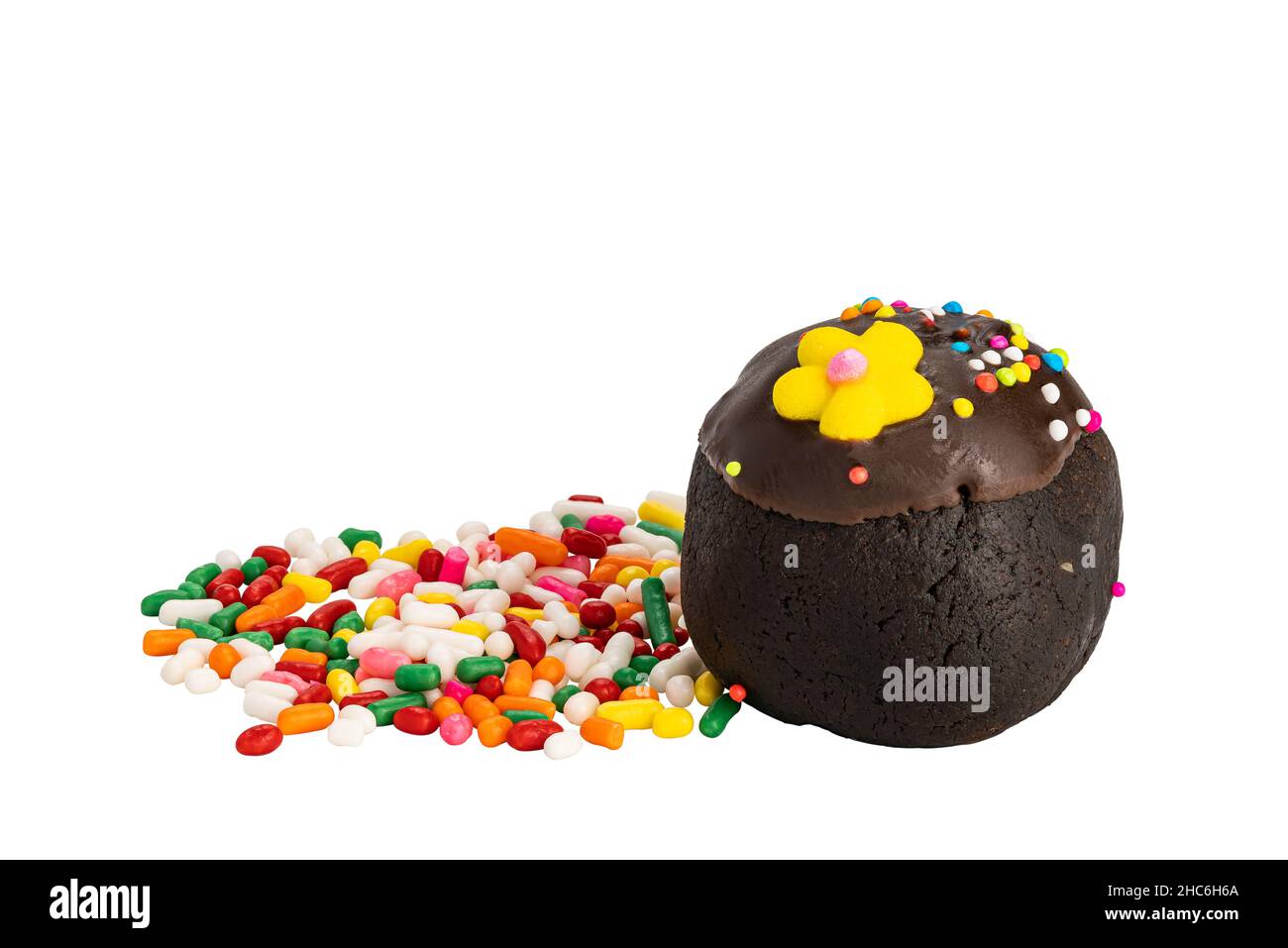 Deliziosa palla di cioccolato fatta in casa con multicolore arcobaleno e fiori di zucchero e un mucchio di arcobaleno spruzzare su sfondo bianco Foto Stock