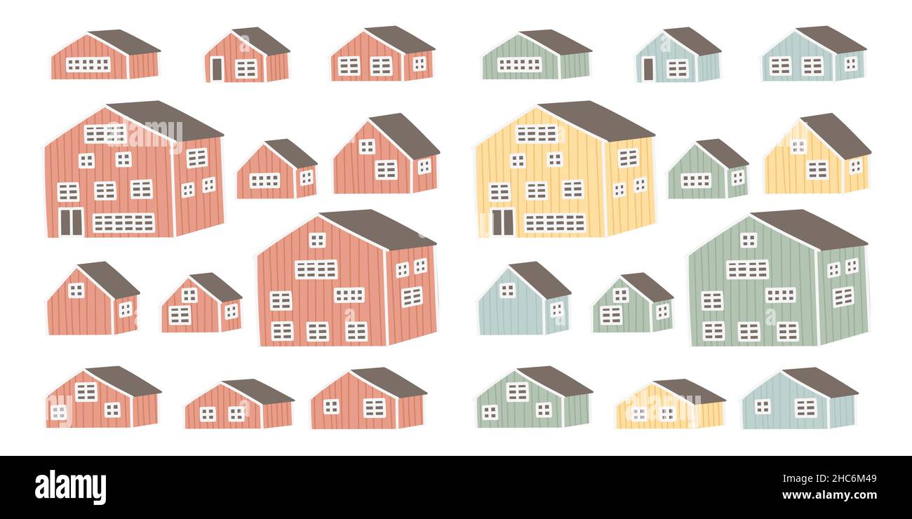 Set di case di legno rosso giallo blu verde rosso. Vettoriale cartoni animati edifici disegnati a mano su sfondo bianco. Illustrazione Vettoriale