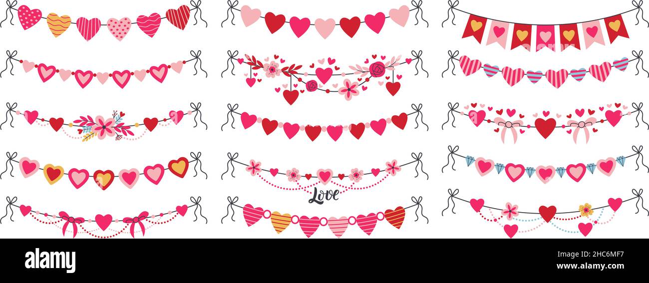 Romantico giorno valentine a forma di cuore garlands conventing. Carino impiccagione cuori, romantico saluto cuore bandiere vettore illustrazione set. San Valentino Illustrazione Vettoriale