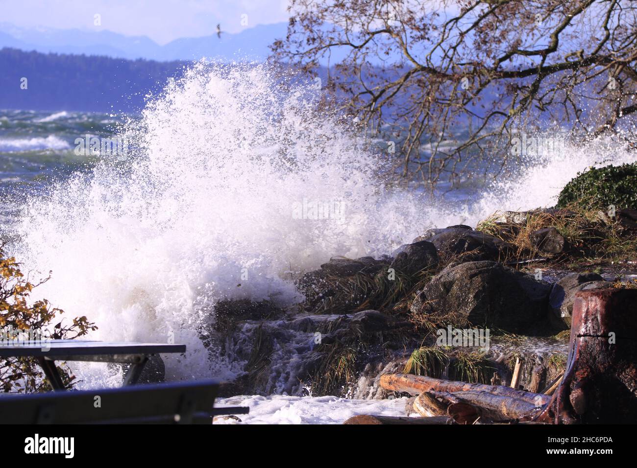 Bella vista delle onde potenti del mare che colpiscono la costa rocciosa Foto Stock