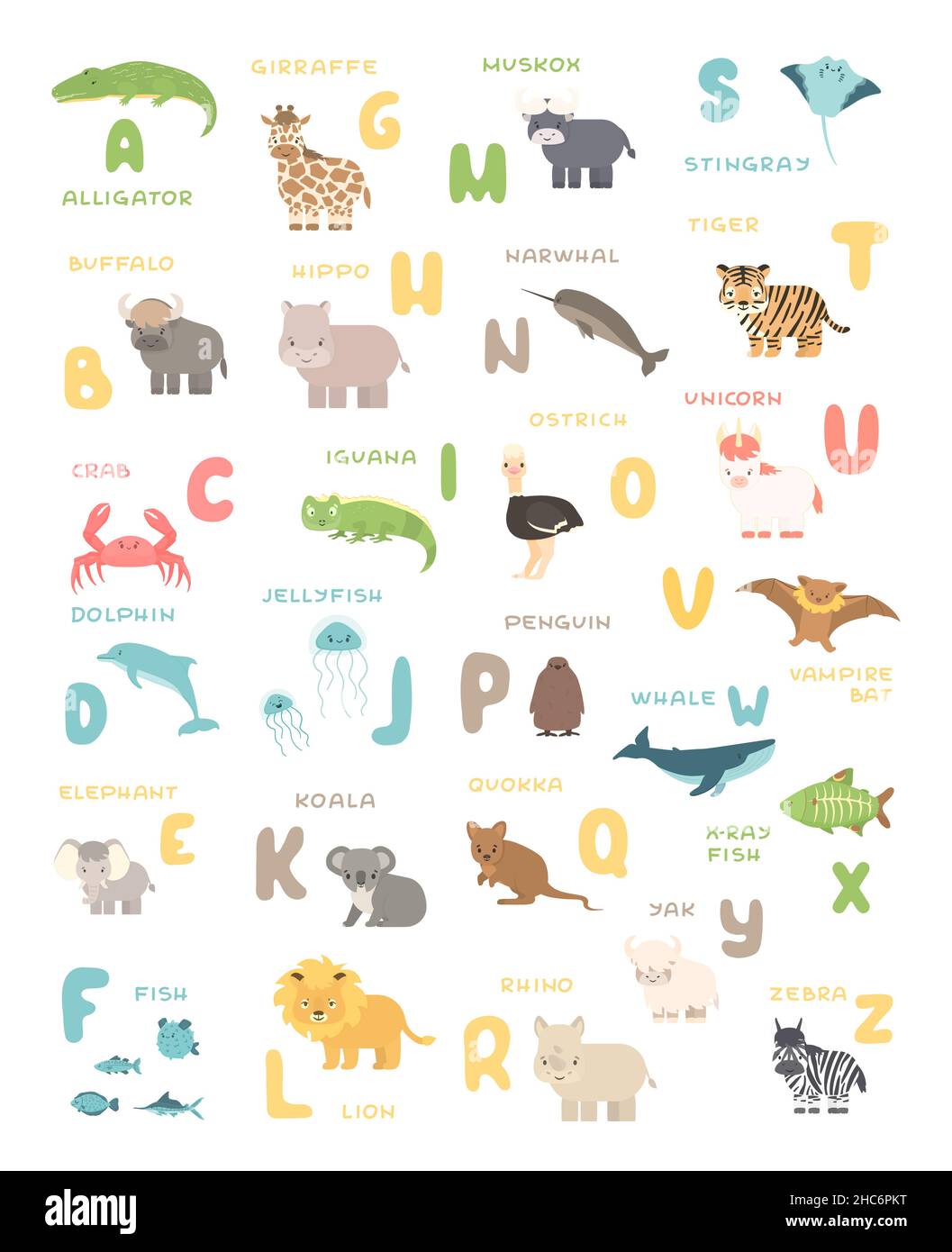 Carino cartoon semplice savana e animali della foresta e poster alfabeto inglese. Illustrazione didattica vettoriale su sfondo bianco Illustrazione Vettoriale