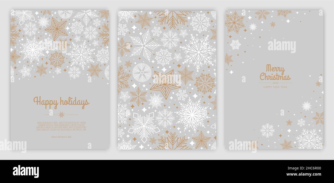 Buon Natale e Felice anno nuovo set di biglietti d'auguri, poster, copertine per le feste. Xmas Design con splendidi fiocchi di neve in stile moderno. Illustrazione Vettoriale