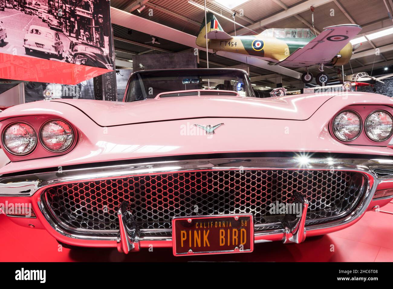 SINSHEIM, GERMANIA - 8 APRILE 2018: Auto classica americana 1959 Ford Thunderbird convertibile in colore rosa con targa inscritta 'uccello rosa' in Th Foto Stock