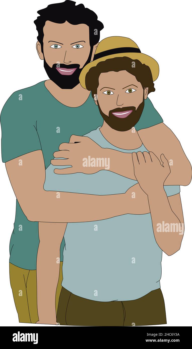 Felice coppia giovane di due uomini che si dano un abbraccio. Coppia gay, concetto di LGBT amore relazione. Illustrazione Vettoriale