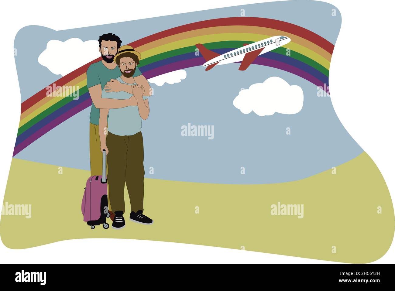Coppia di due uomini con una valigia e sfondo di un paesaggio con un arcobaleno con colori della bandiera gay e un aereo. Concetto di LGBT amore e viaggi. Illustrazione Vettoriale