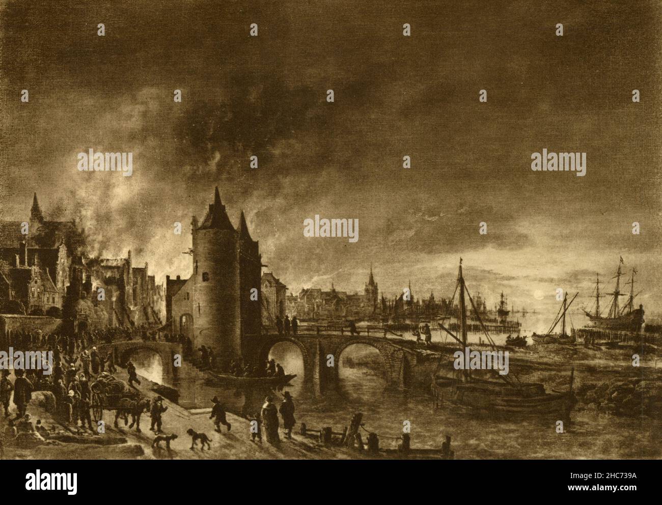 Fire on a City in Holland, dipinto dall'artista olandese Aert van der Neer, Monaco 1897 Foto Stock