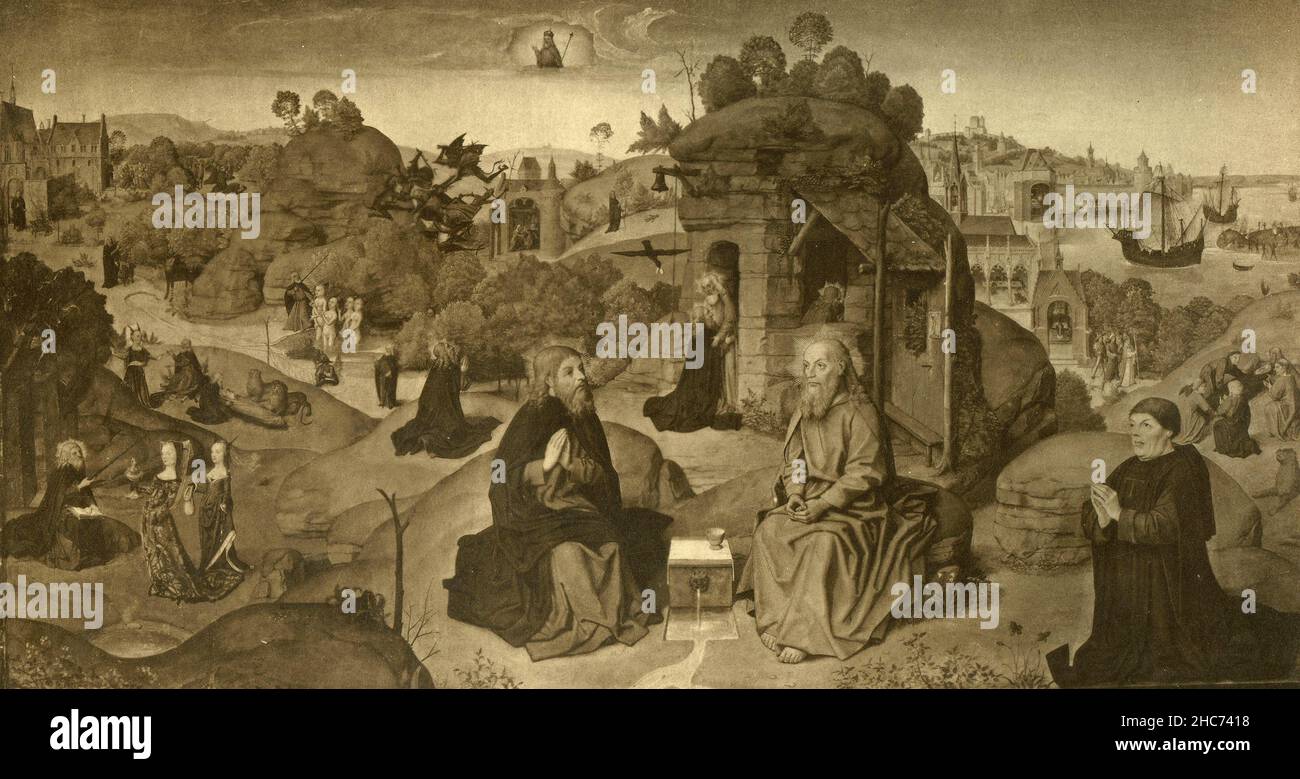 Eventi della leggenda di Sant'Antonio Eremita e San Paolo, pittura della Scuola Olandese del XVI secolo, Monaco 1897 Foto Stock