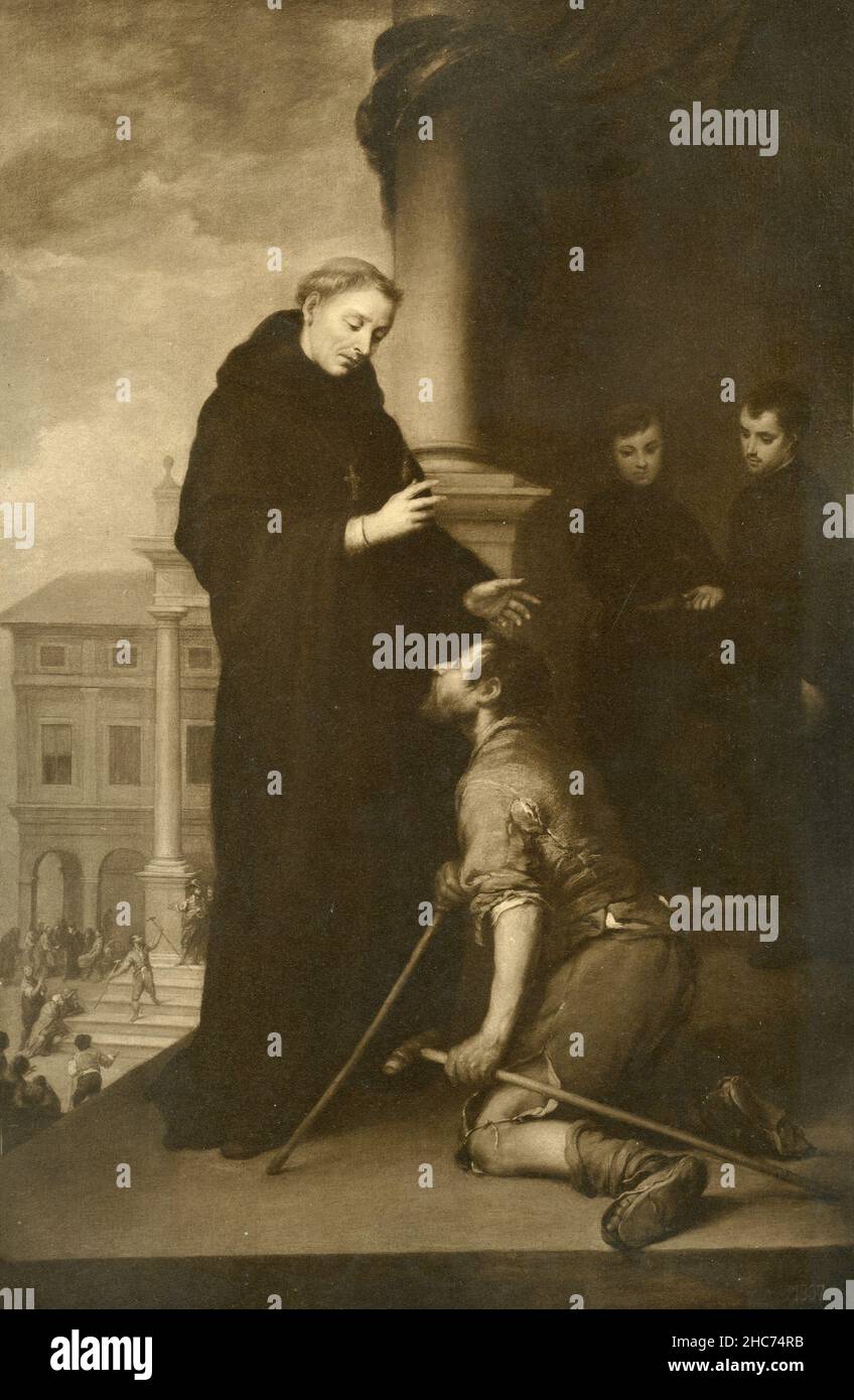 San Tommaso di Villanueva guarisce a Lame, dipinto dall'artista spagnolo Bartolomè Esteban Murillo, Monaco di Baviera 1897 Foto Stock