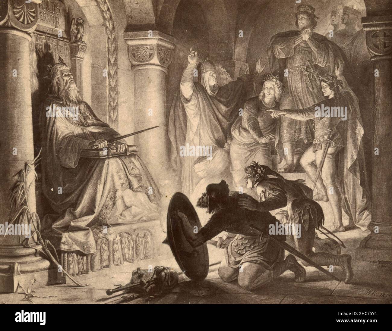 Tedesco Kaiser otto III nella cripta di Carlo Magno, dipinto dall'artista tedesco Wilhelm von Kaulbach, 1890s Foto Stock