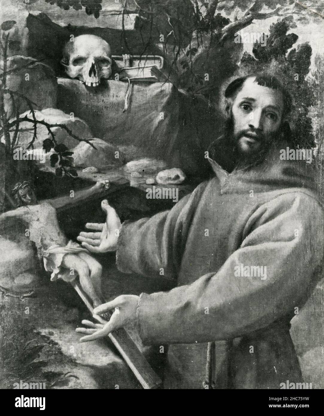San Francesco Adorante la Croce, Pittura dell'artista italiano Annibale Carracci, 1950s Foto Stock