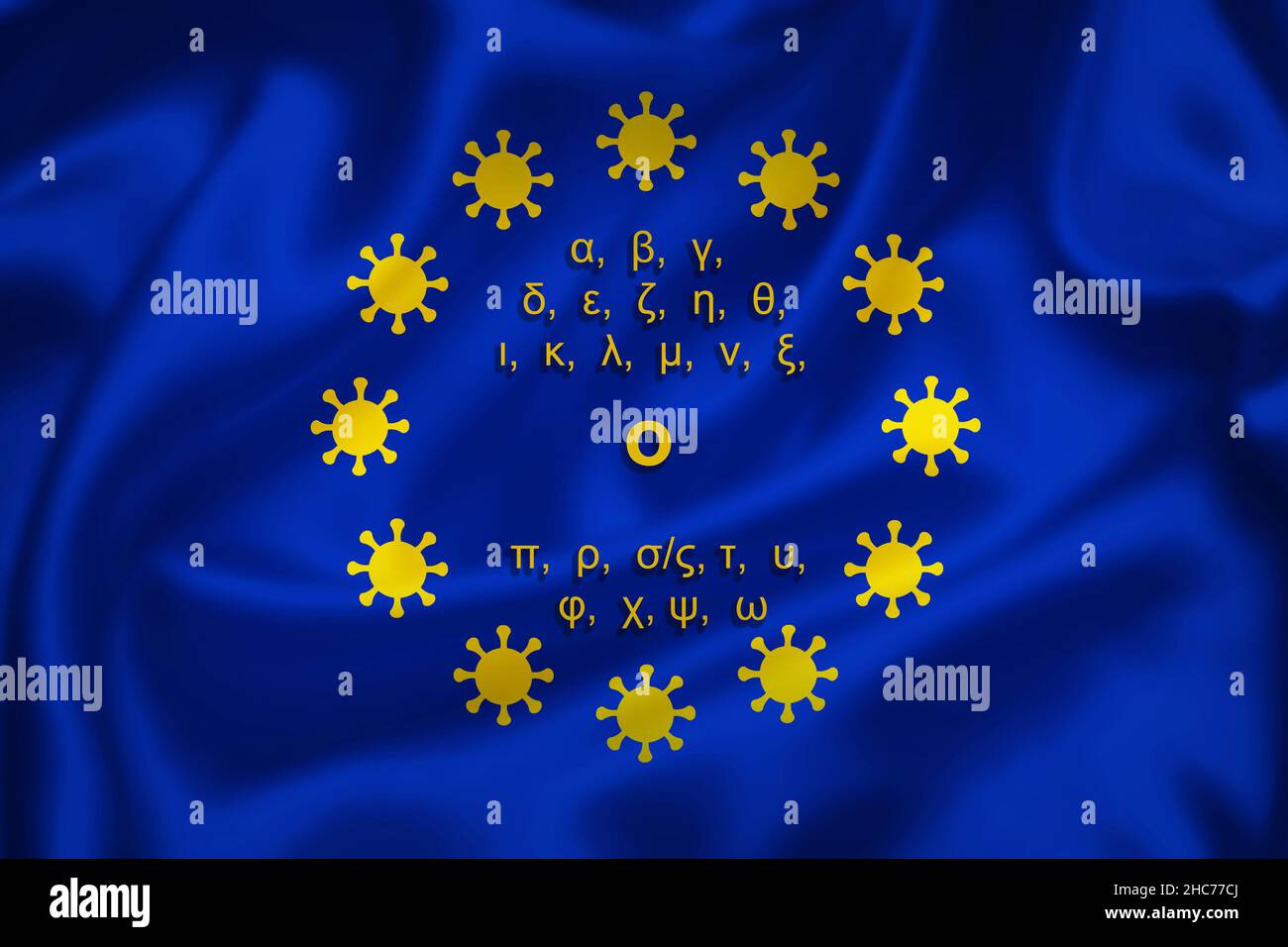 Illustrazione della bandiera dell'Unione europea con segni di coronavirus al posto delle stelle e nuovo sospiro Omicront variante evidenziato in alfabeto greco. Illustrazione di Foto Stock