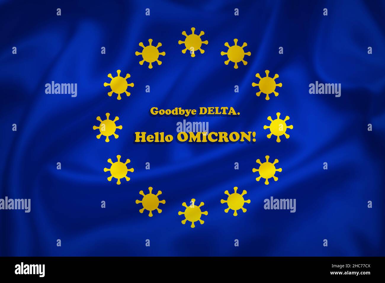 Illustrazione della bandiera dell'Unione europea con segni di coronavirus al posto delle stelle e nuovo testo della variante Omicront. Illustrazione della pandemia del Covid-19 nell'UE. Foto Stock