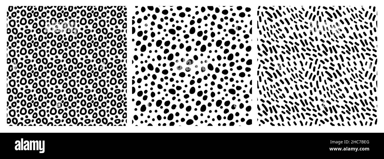 Set di modelli senza giunture astratti monocromatici di bolle, punti, linee tracciate a mano. Illustrazione vettoriale su bianco con cerchi neri, forme a punti. Illustrazione Vettoriale