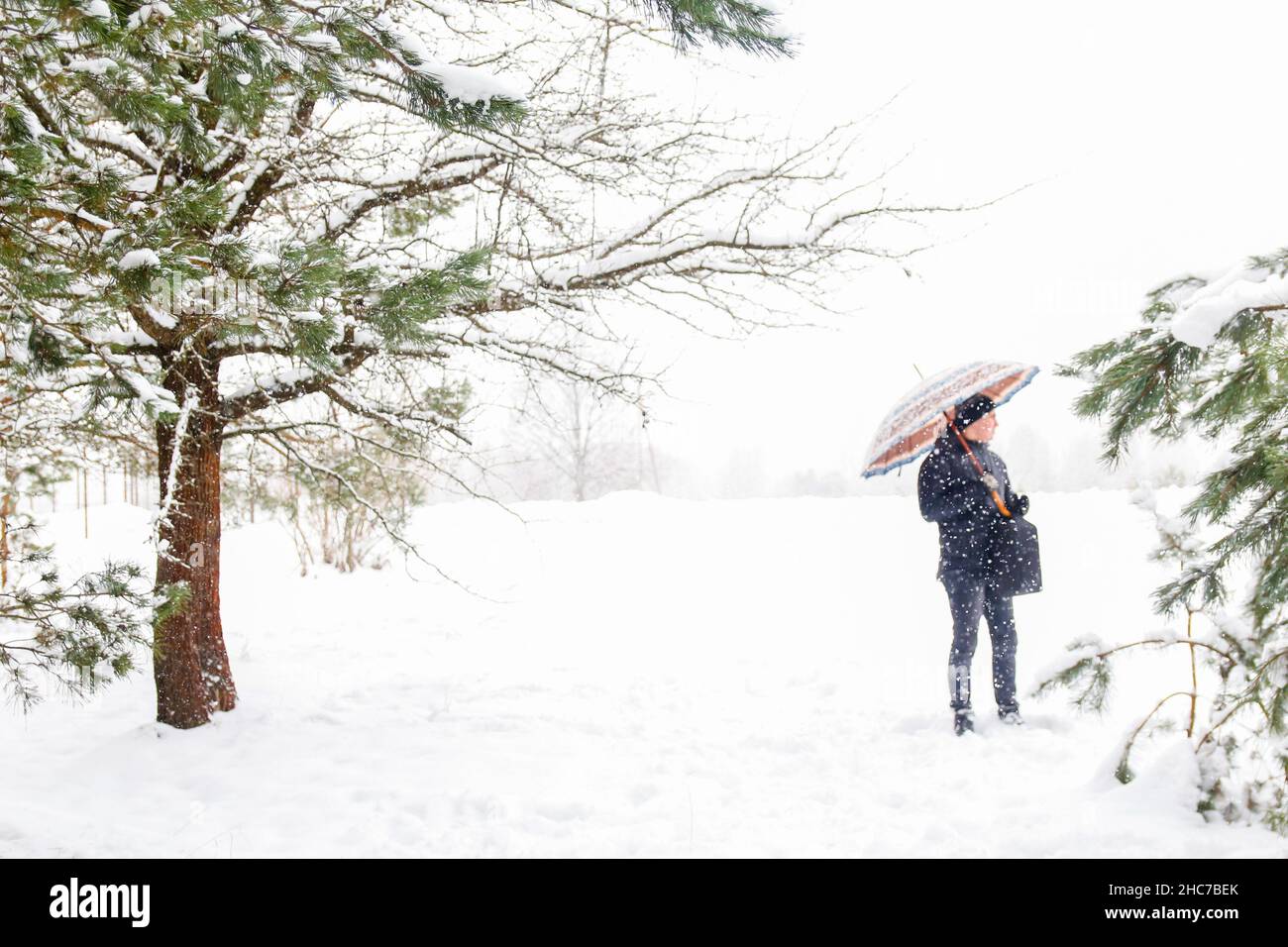 Giovane uomo in caldo cappello fuori su sfondo innevato rurale inverno tenendo ombrello. Happy millennial Serious all'aperto, clima freddo. Tipo caucasico 20-25 y Foto Stock