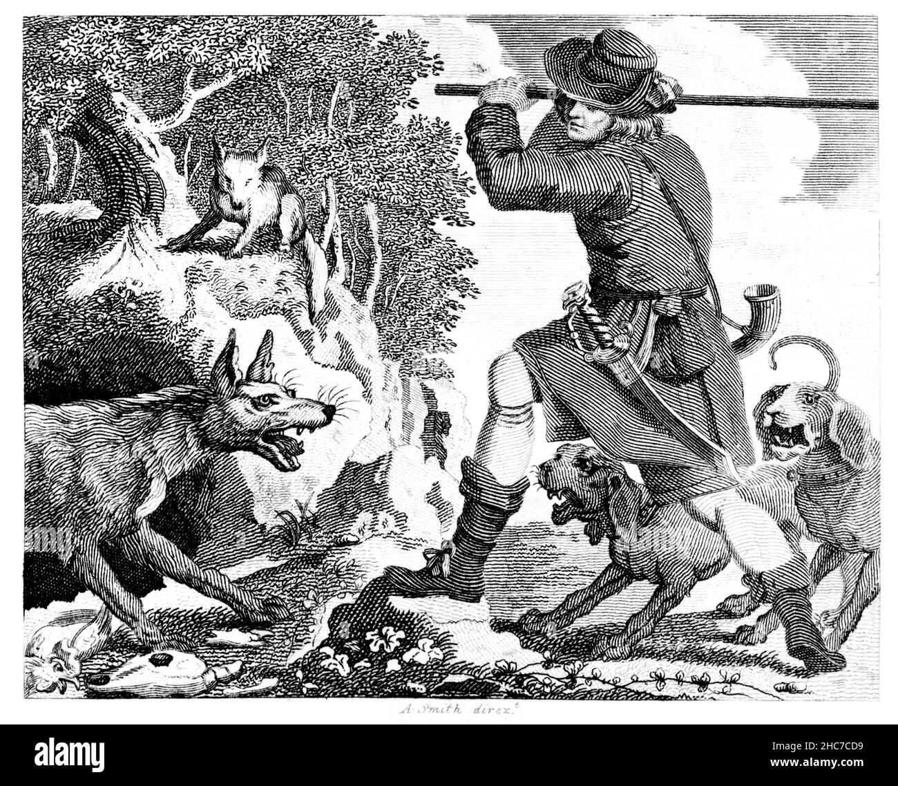 Illustrazione incisa della volpe e del lupo, con la morale, fidarsi l’un l’altro, dalla prima edizione del 1793 delle Favole di Aesop di Stockdale Foto Stock