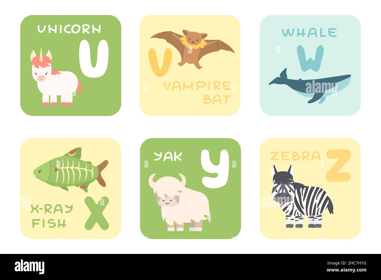 Carino U-Z carte alfabeto con cartoon foresta pluviale mare oceano animali africani. Illustrazioni vettoriali dello zoo. Unicorno, pipistrello vampiro, balena, pesce a raggi X, zebro di yak Illustrazione Vettoriale