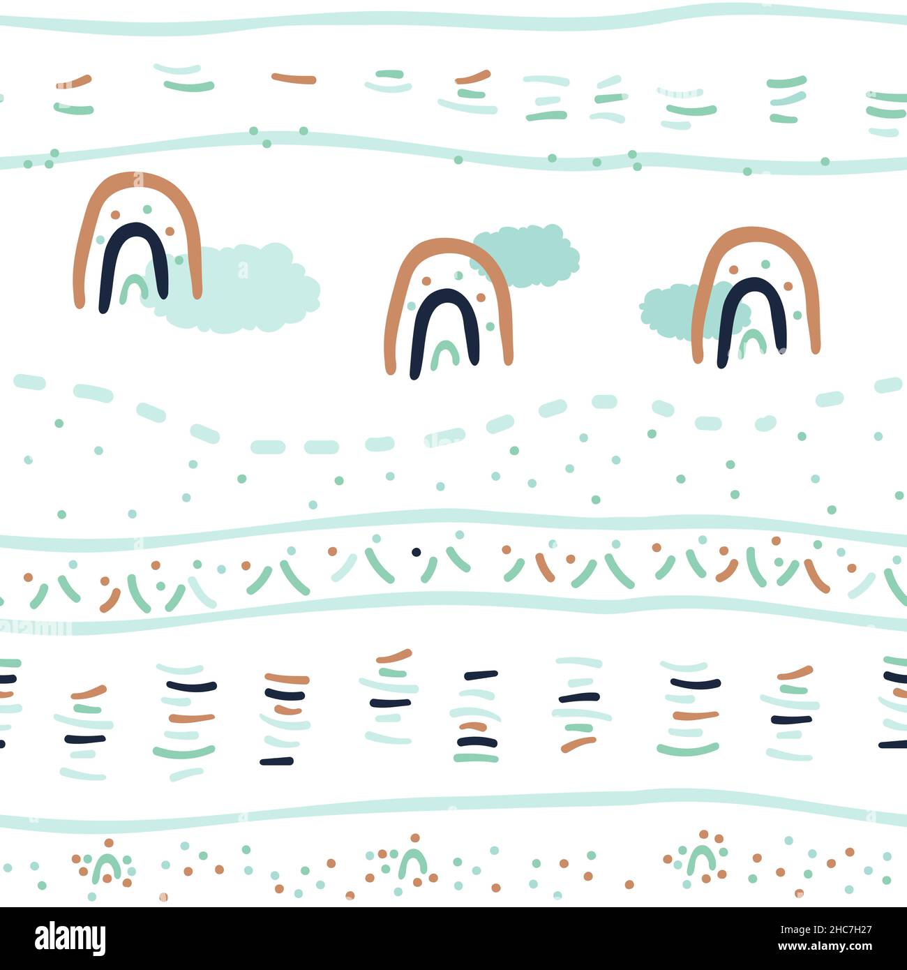 Cute blu verde marrone semplice motivo senza giunture di nuvole e arcobaleno, linee puntini su sfondo bianco. Illustrazione vettoriale, disegno a mano in stile piatto Illustrazione Vettoriale