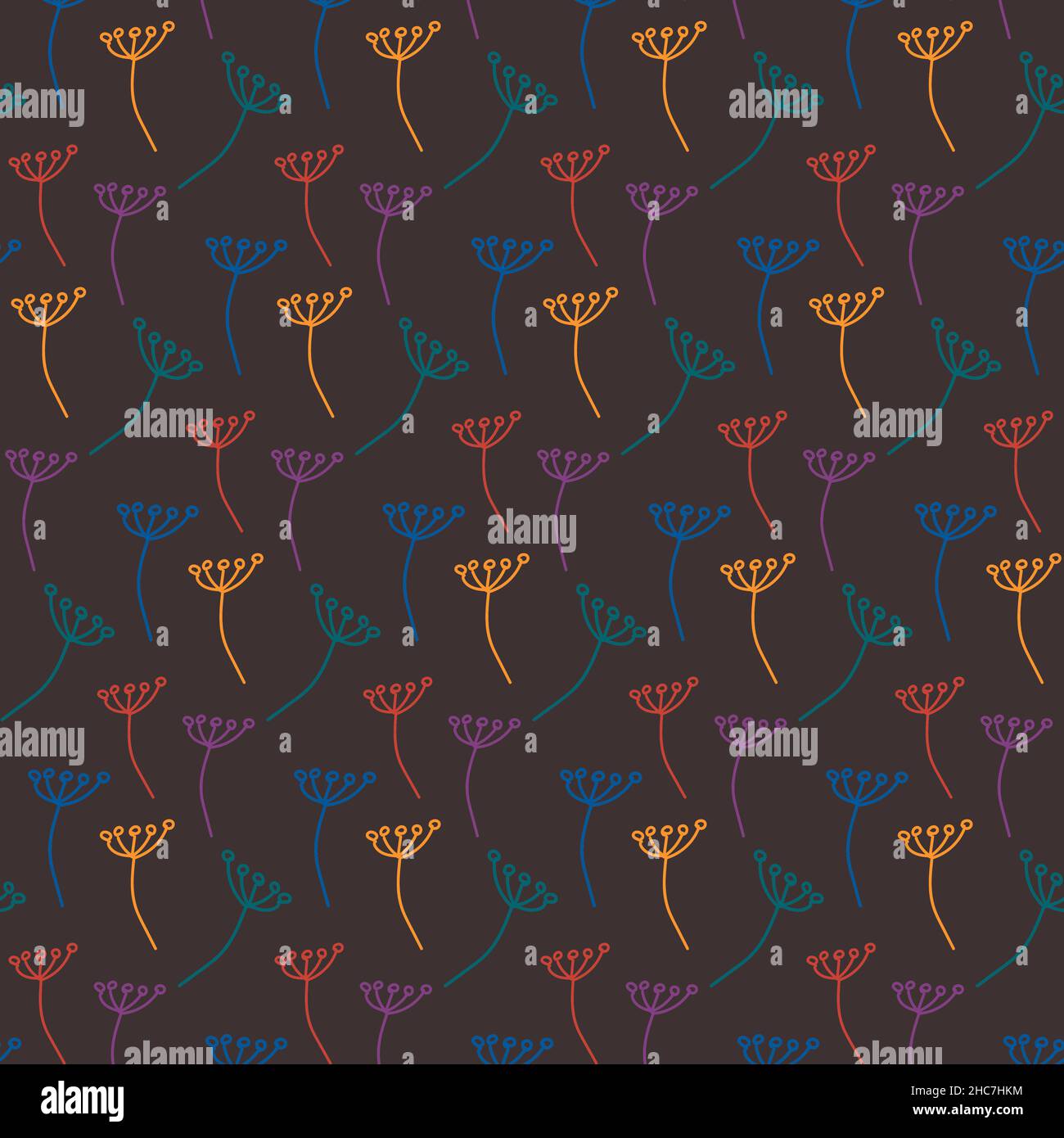 Motivo senza cuciture di elementi floreali colorati disegnati a mano in tendenze di colore su sfondo scuro. Illustrazioni vettoriali per tessuti, carta da imballaggio, buste da imballaggio, biglietti da visita, ecc. Illustrazione Vettoriale