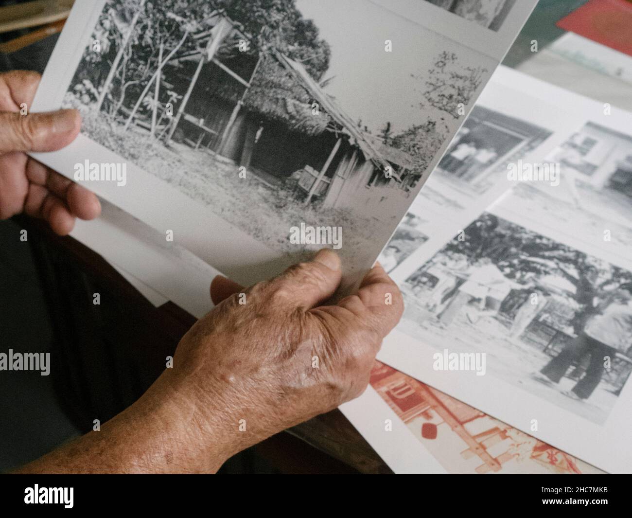 vecchie mani asiatiche maschili che tengono su foto in bianco e nero di paglia casa Foto Stock