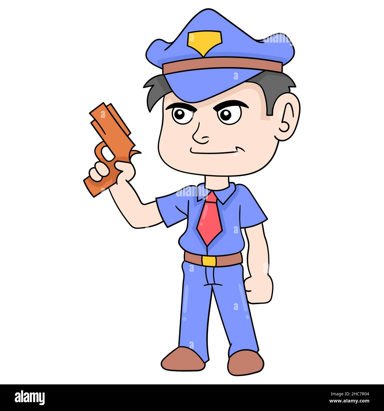 guardia di sicurezza polizia che trasportano fuoco pistola, illustrazione vettoriale art. doodle icona immagine kawaii. Illustrazione Vettoriale