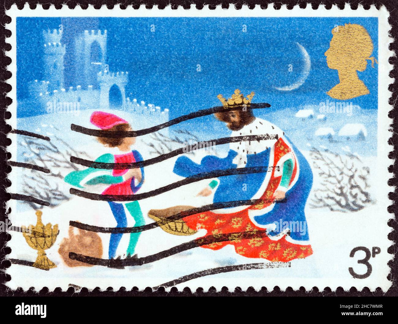 REGNO UNITO - CIRCA 1973: Un francobollo stampato nel Regno Unito mostra lotta contro il vento, Illustrazione per Natale carol buon re Venceslao. Foto Stock