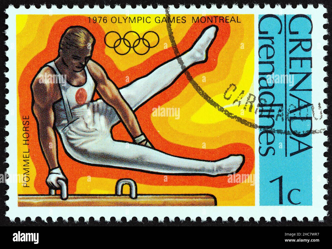 GRENADINE DI GRENADA - CIRCA 1976: Un francobollo stampato a Grenada dal numero 'Giochi Olimpici, Montreal' mostra il cavallo Pommel, circa 1976. Foto Stock