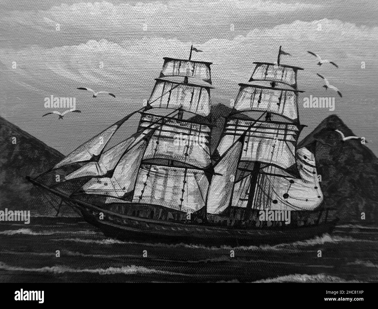 pittura a olio d'arte barca a vela , barque in mare dalla thailandia , bianco e nero Foto Stock