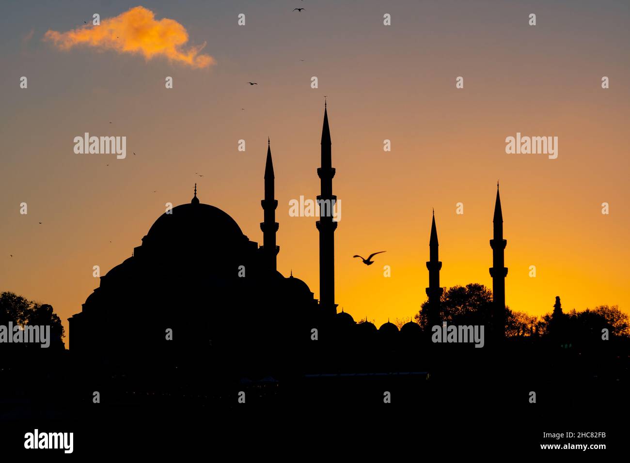 Moschea foto di sfondo. Silhouette della moschea di Suleymaniye al tramonto a Istanbul. Ramadan o kandil o laylat al-qadr o foto di sfondo islamica. Nois Foto Stock