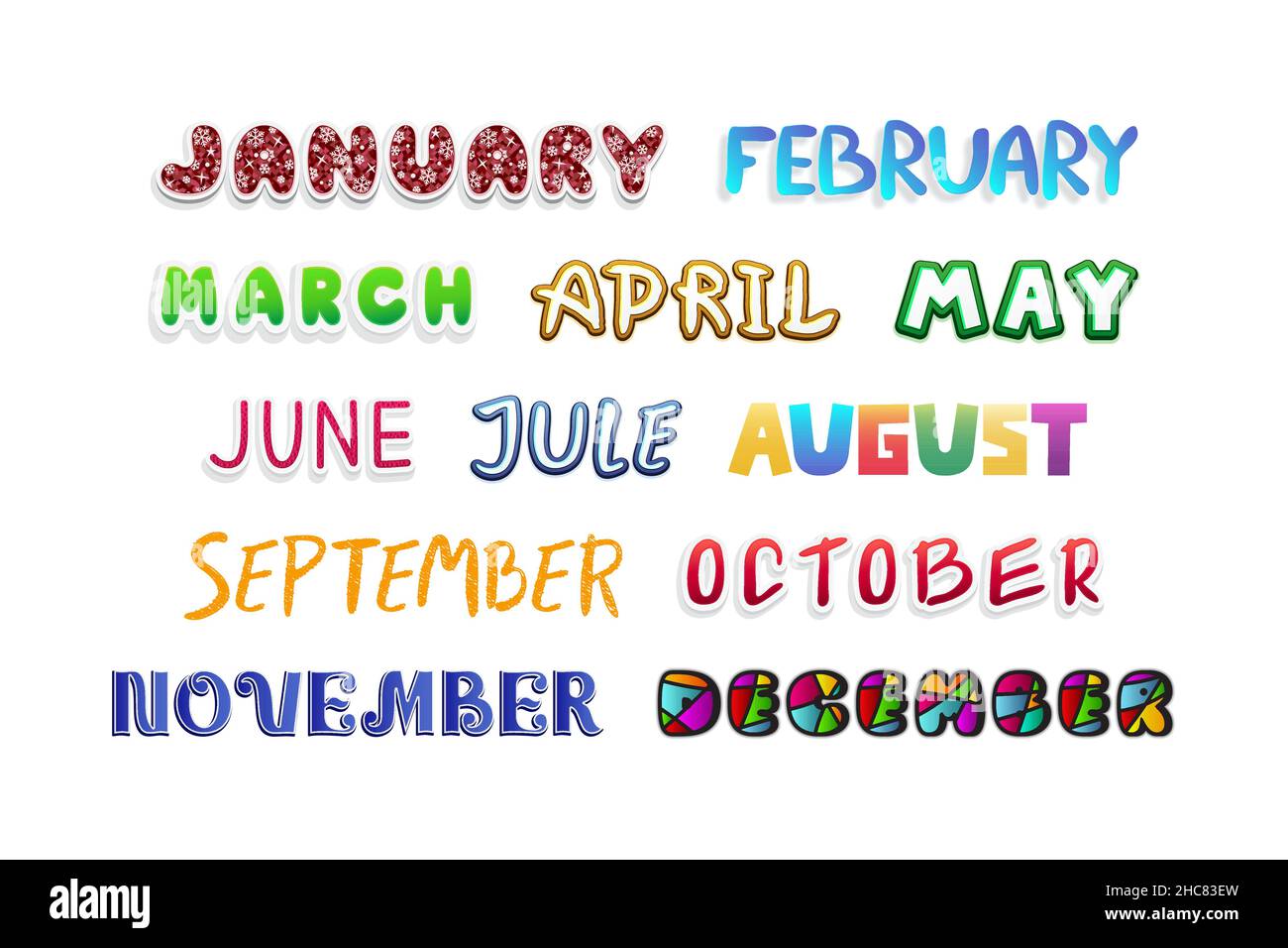 Set decorativo colorato testi inglesi 12 mesi dell'anno per calendario, pianificatore, diario, biglietto d'auguri. Illustrazione Vettoriale