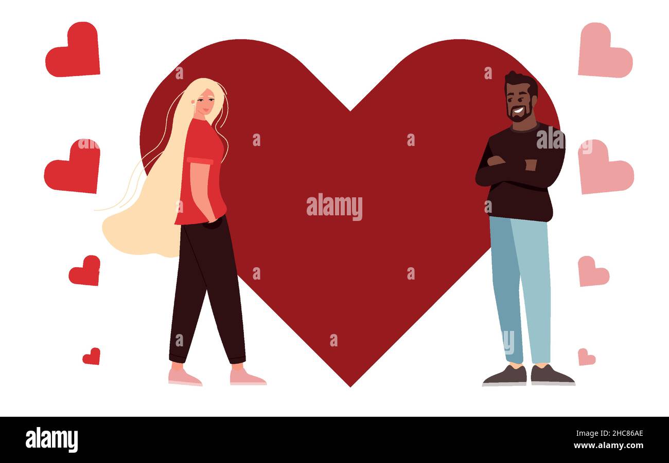 Vettore flat donna e uomo con cuore. Amore a prima vista. San Valentino Illustrazione Vettoriale