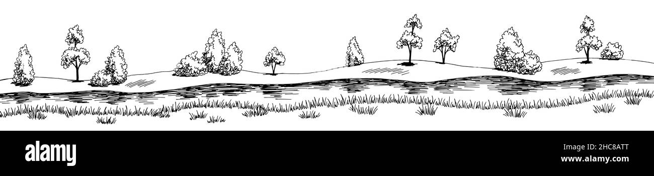 River graphic nero bianco lungo paesaggio disegno vettore Illustrazione Vettoriale