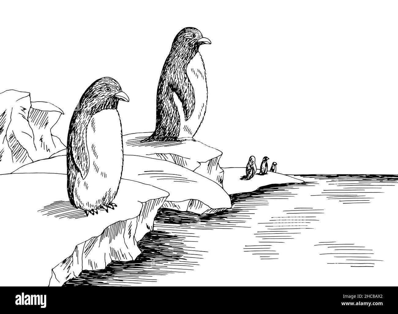 Pinguini in Antartide al grafico di iceberg in bianco nero schizzo vettore di illustrazione orizzontale Illustrazione Vettoriale