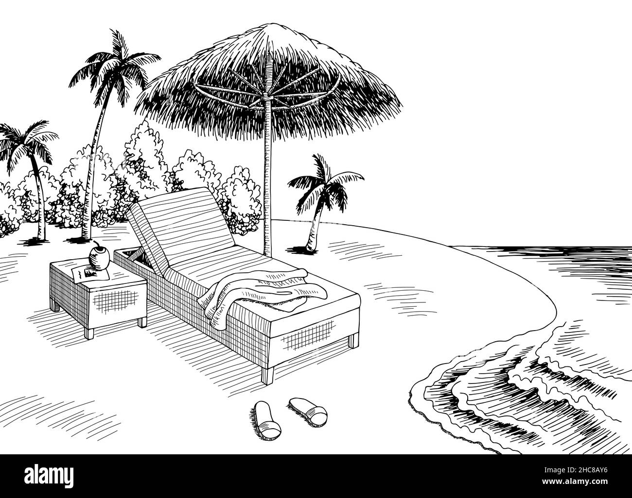 Spiaggia vacanza grafica nero bianco paesaggio illustrazione vettore Illustrazione Vettoriale