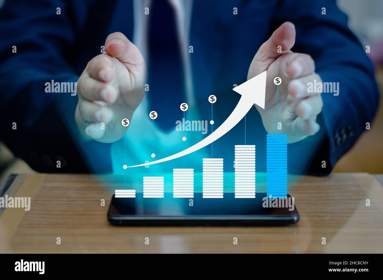 Grafico della crescita finanziaria delle comunicazioni globali Binary Smart Phone e il mondo Internet imprenditori, premere il tasto telefono per comunicare in Internet S Foto Stock