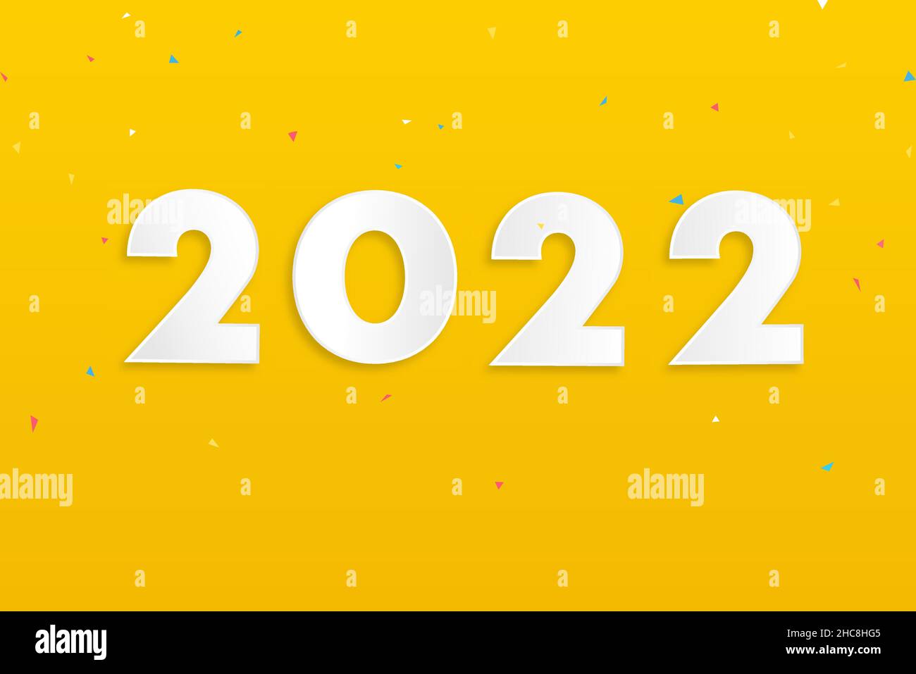 Numeri 2022 su sfondo giallo con confetti colorati per il concept di nuovo anno Illustrazione Vettoriale