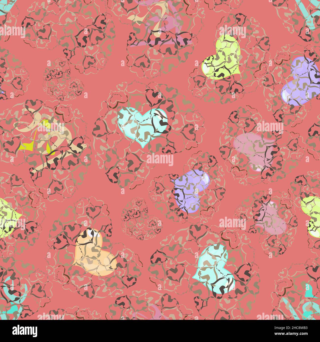 modello senza cuciture di piccoli e grandi cuori multicolore su sfondo salmone Illustrazione Vettoriale