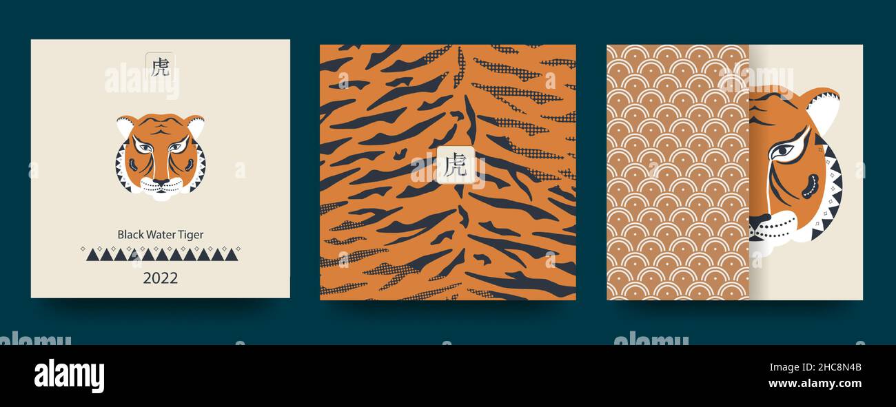 Capodanno cinese 2022. Set per biglietto d'auguri, poster, banner sito web con bella maestosa tigre nobile. I geroglifici significano felice anno nuovo e il Illustrazione Vettoriale