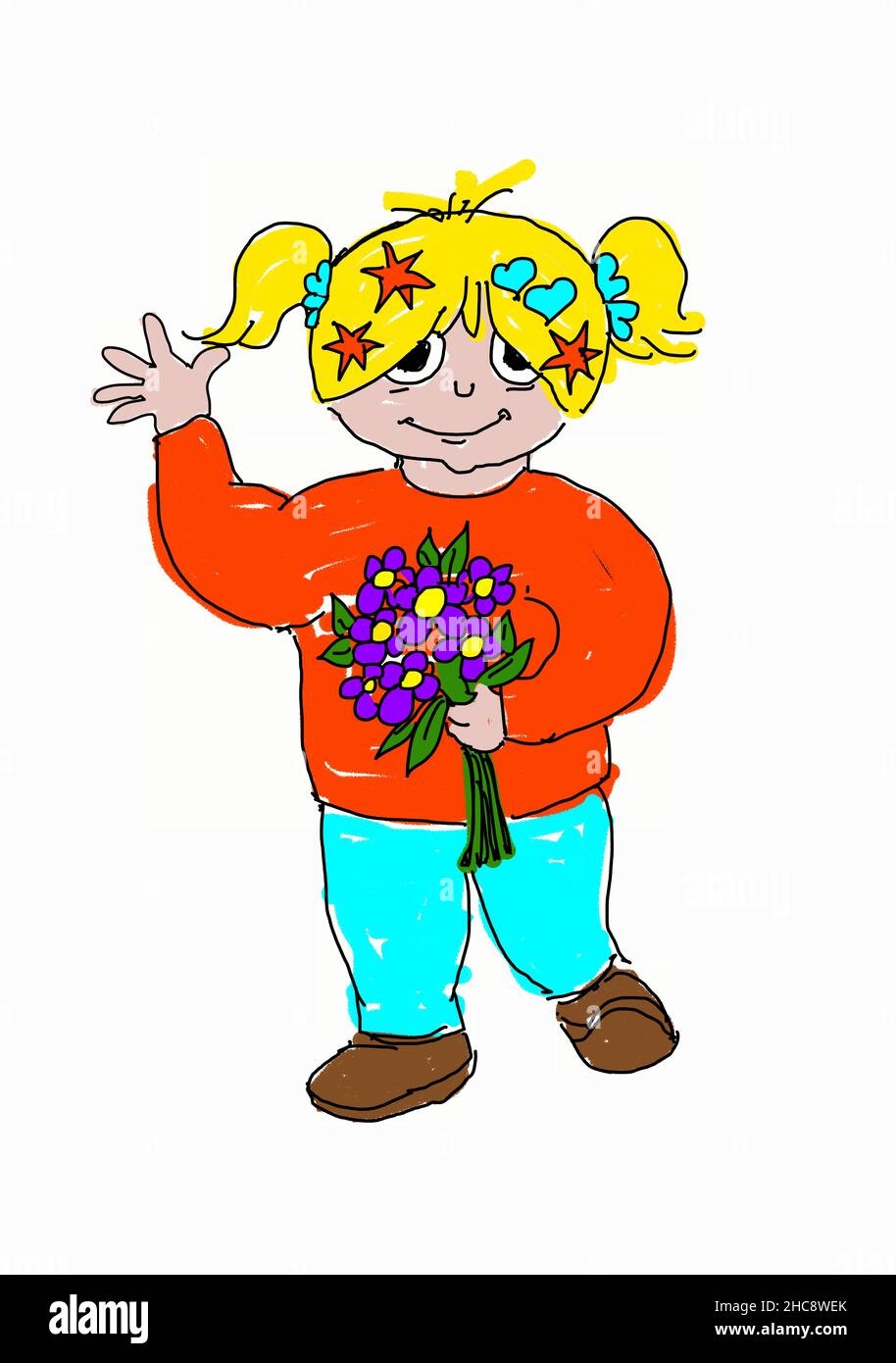 Agitare ragazza carina con un bouquet di fiori. Ha capelli biondi, un maglione rosso-arancio e pantaloni blu chiaro. I fiori sono viola. Illustrazione Vettoriale