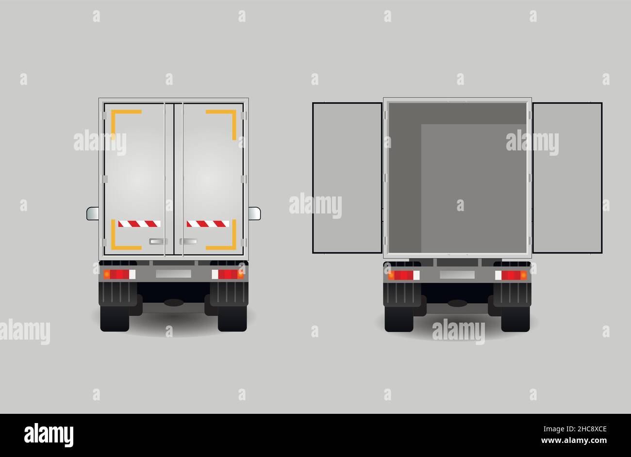 Carrello con porte a cassone aperto e chiuso, vista posteriore. Furgone di consegna merci. Illustrazione vettoriale piatta. Illustrazione Vettoriale