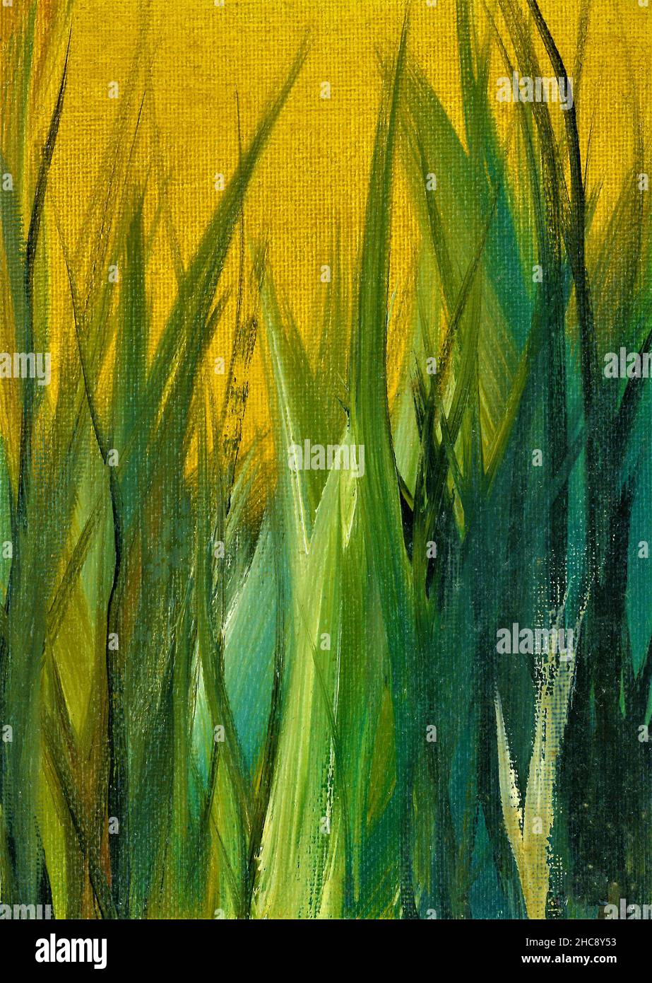 Pittura ad olio di foglie di tulipano verde su sfondo giallo. Foto Stock