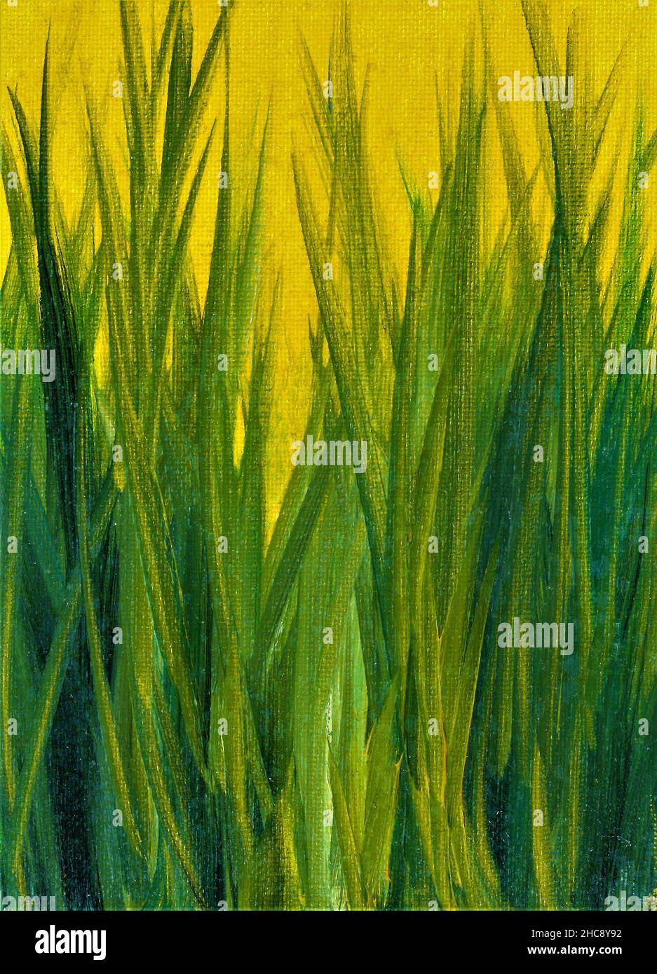 Pittura ad olio di foglie di tulipano verde su sfondo giallo. Foto Stock
