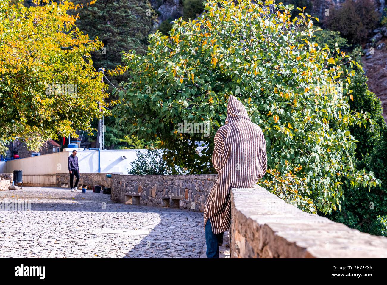 Turista rilassante sulle pareti circostanti del giardino mentre ammirando la natura Foto Stock