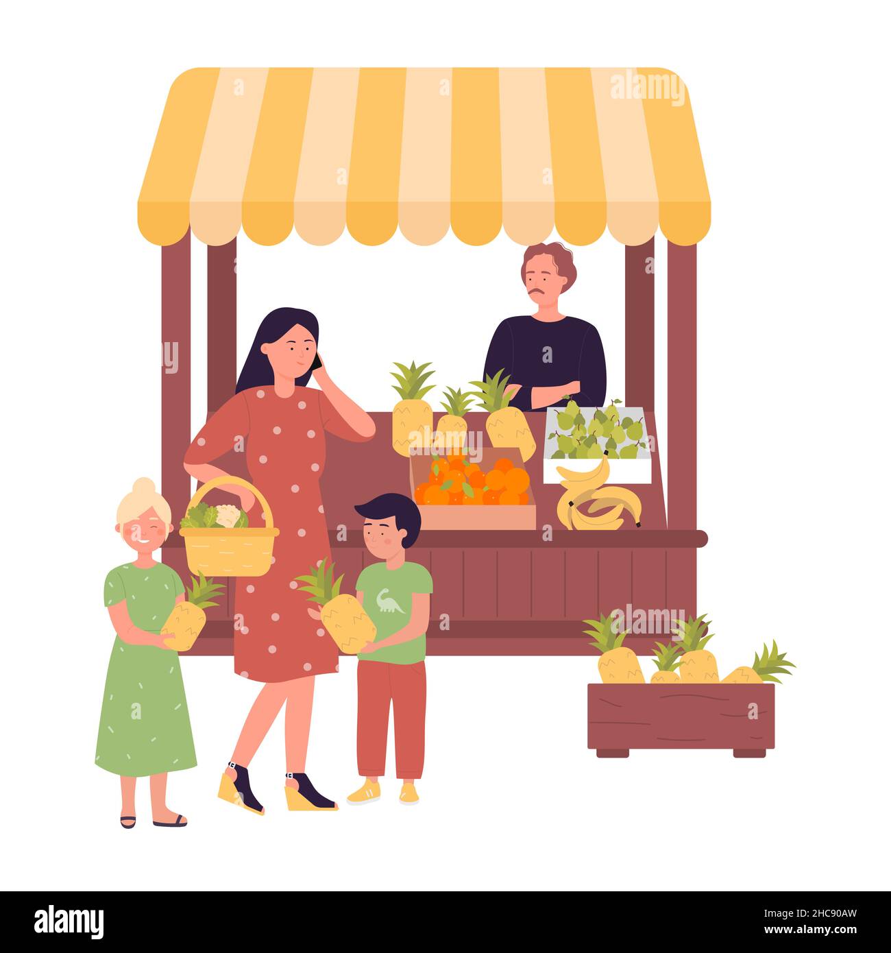 Famiglia che acquista frutta fresca al mercato locale. Agricoltura biologica e vendita di prodotti naturali illustrazione vettoriale piatta Illustrazione Vettoriale