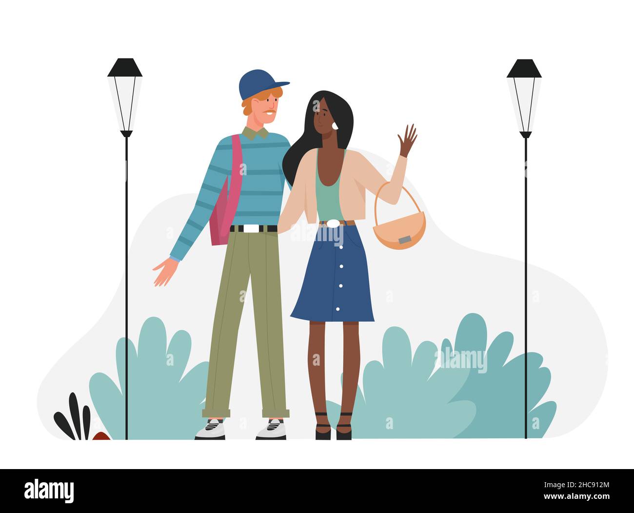 Bella giovane coppia a piedi e parlare. Trascorrere il tempo libero felice insieme nel rapporto flat vettore illustrazione Illustrazione Vettoriale