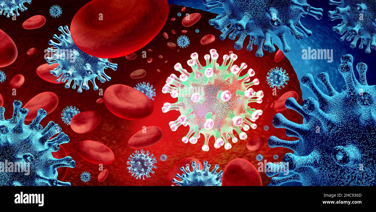 Nuovo concetto di diffusione e mutazione del virus variante e nuovo focolaio di coronavirus o mutazione delle cellule virali del covid-19 e background influenzale come influenza pericolosa. Foto Stock