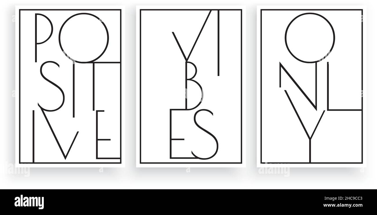 Solo vibrazioni positive, vettore. Design minimalista in tre pezzi. Opere d'arte della parete scandinave, decorazioni delle pareti. Disegno di wording isolato su bianco ba Illustrazione Vettoriale