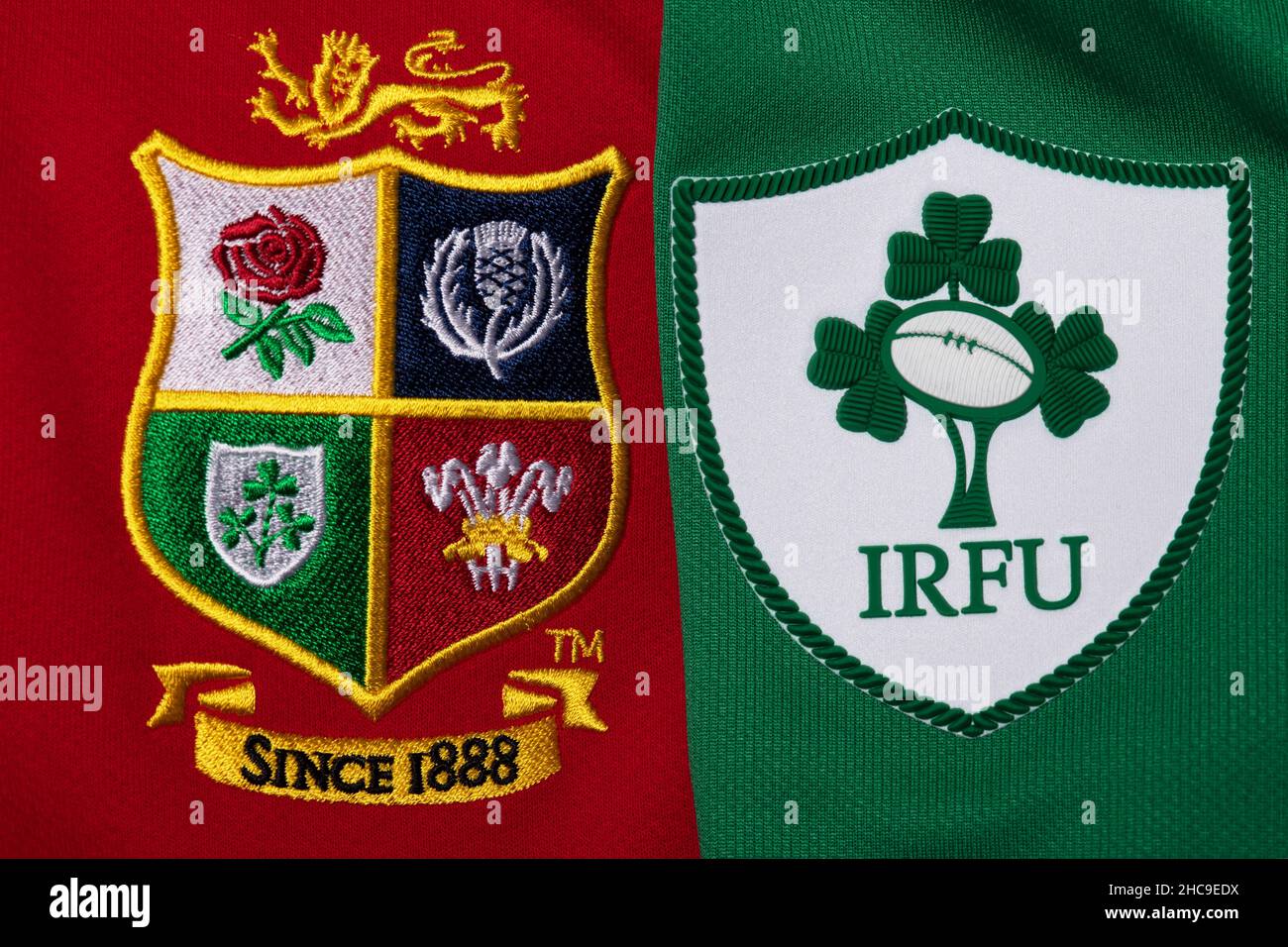 Primo piano della maglia dei Lions britannici e irlandesi e dell'Irlanda Foto Stock