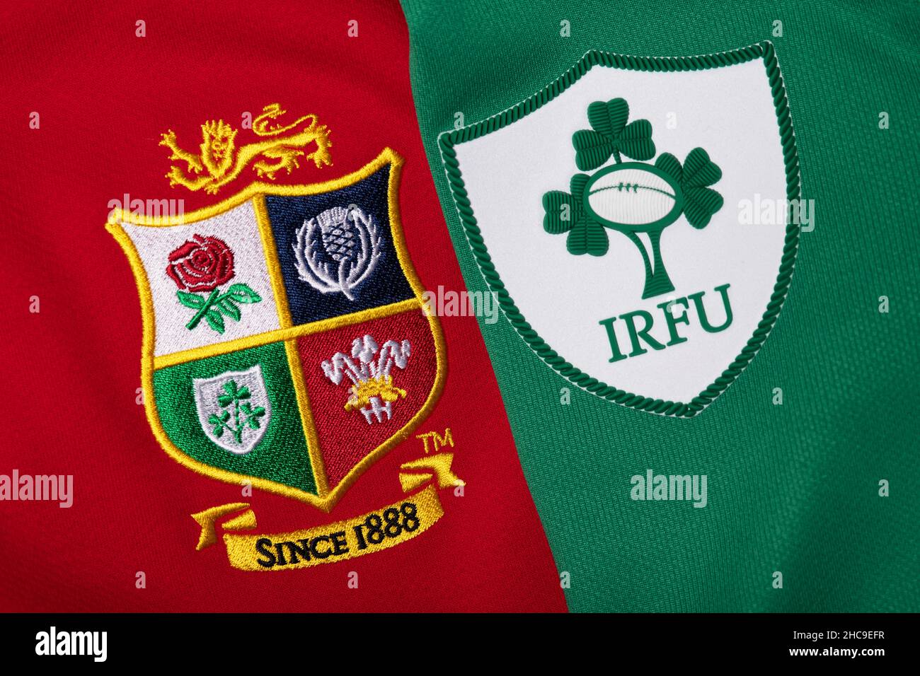 Primo piano della maglia dei Lions britannici e irlandesi e dell'Irlanda Foto Stock